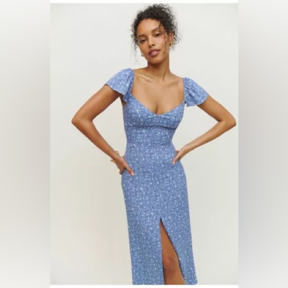 Reformation Chic Blue Floral Midi Dress